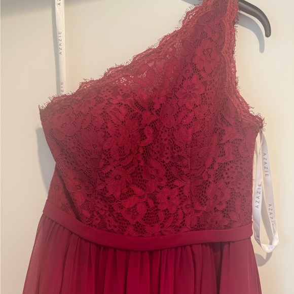 Azazie Demi Burgundy A-Line One Shoulder Chiffon Dress - Picture 9 of 9